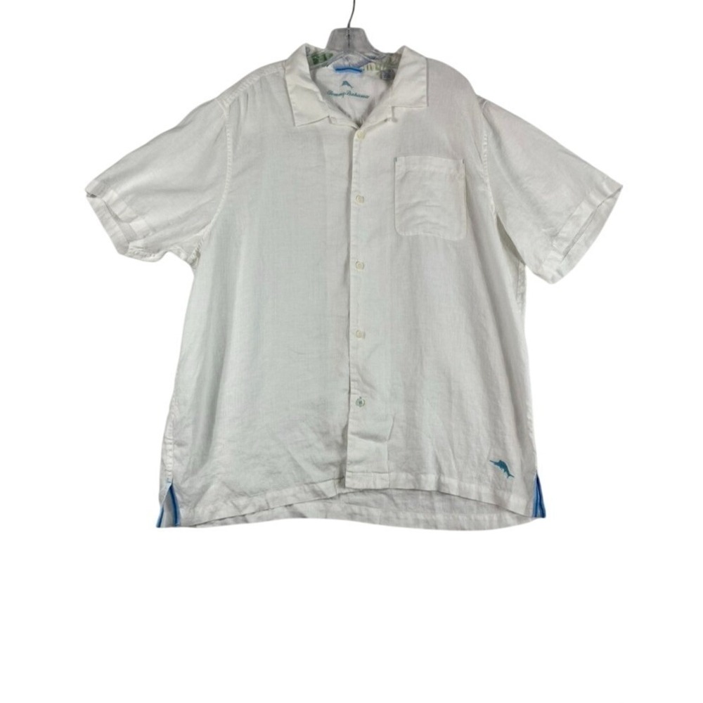 Tommy Bahama 100%‎ Linen Shirt Men Sz XL White Short Sleeve Coastal Summer